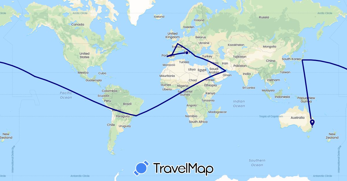 TravelMap itinerary: driving in United Arab Emirates, Australia, Brazil, Spain, France, Greece, Italy, Japan, Portugal, United States (Asia, Europe, North America, Oceania, South America)